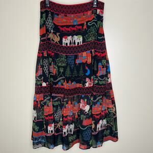 Gretchen Scott Maxi Skirt Small Womens Tiered Bohemian India Motif Novelty Flowy